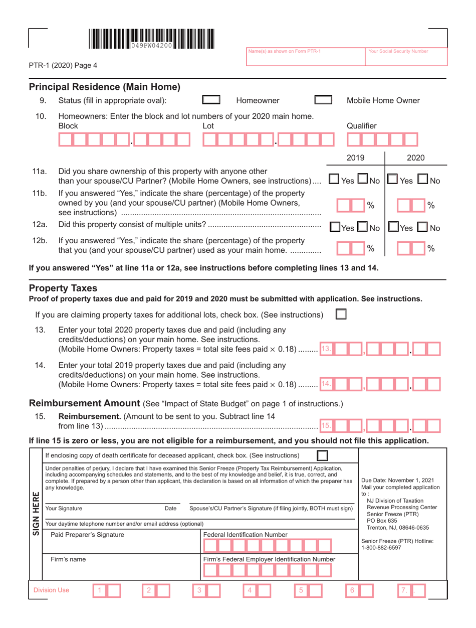 Form PTR-1 Senior Freeze (Property Tax Reimbursement) Application - New Jersey, Page 4