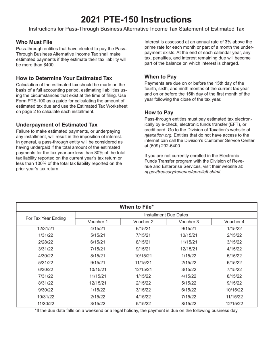 Instructions for Form PTE-150 Pass-Through Business Alternative Income Tax Statement of Estimated Tax - New Jersey, Page 1