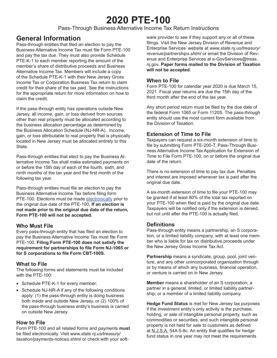 Download Instructions for Form PTE100 PassThrough Business