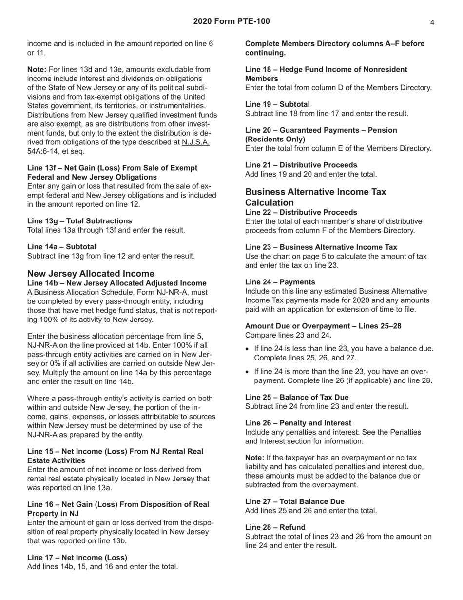 Instructions for Form PTE-100 Pass-Through Business Alternative Income Tax Return - New Jersey, Page 4
