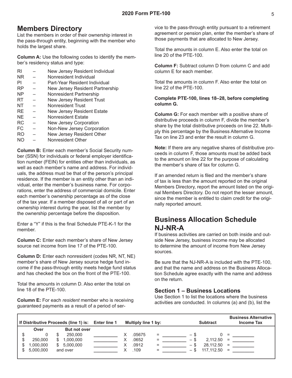 Instructions for Form PTE-100 Pass-Through Business Alternative Income Tax Return - New Jersey, Page 5