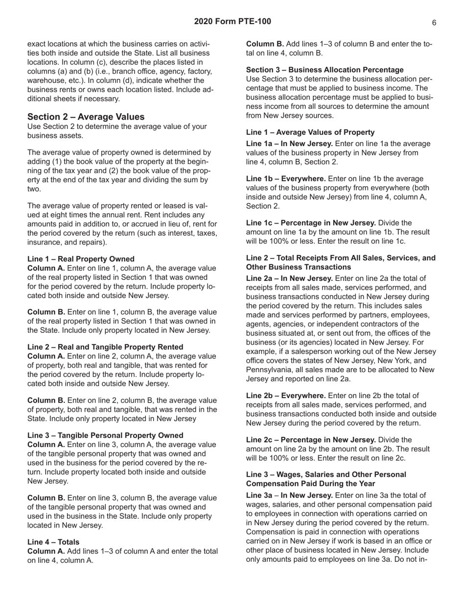 Instructions for Form PTE-100 Pass-Through Business Alternative Income Tax Return - New Jersey, Page 6