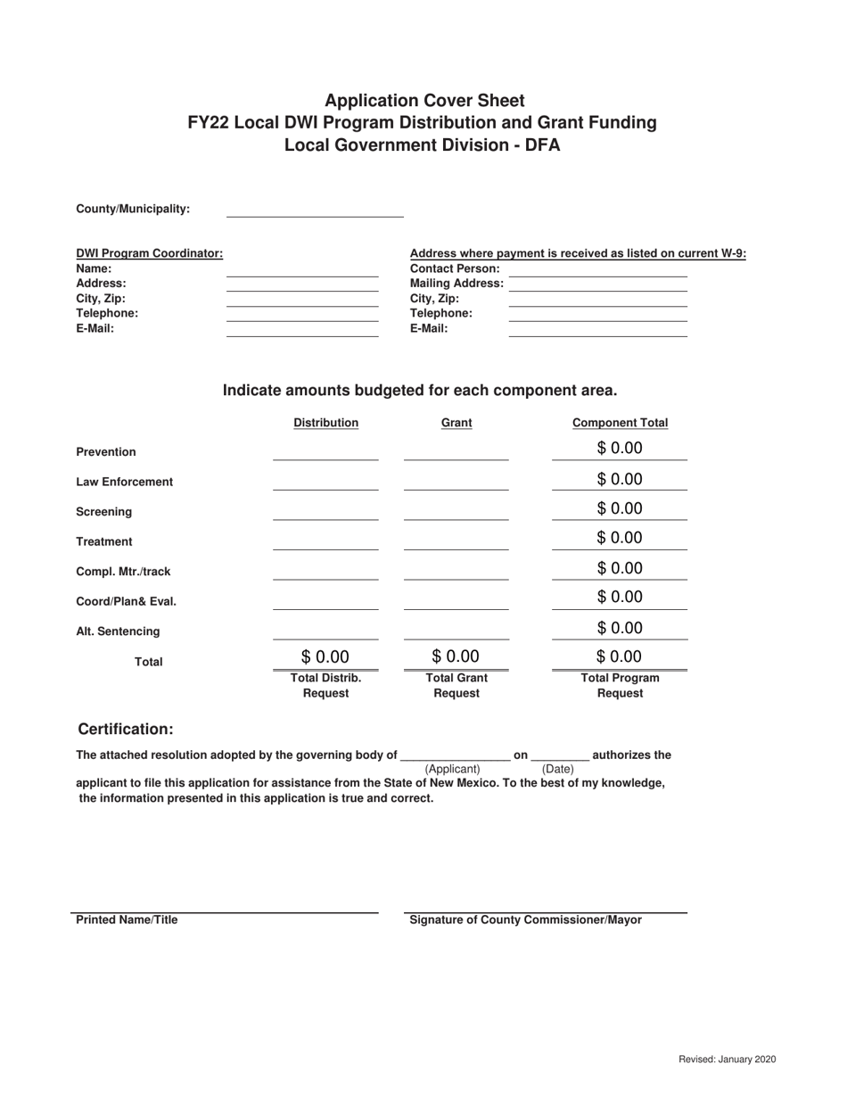 Application Cover Sheet - Local Dwi Program Distribution and Grant Funding - New Mexico, Page 1