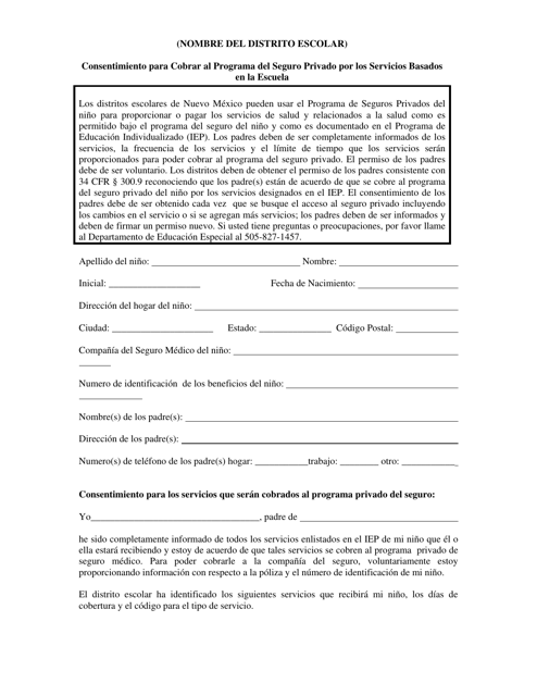 Consentimiento Para Cobrar Al Programa Del Seguro Privado Por Los Servicios Basados En La Escuela - New Mexico (Spanish) Download Pdf