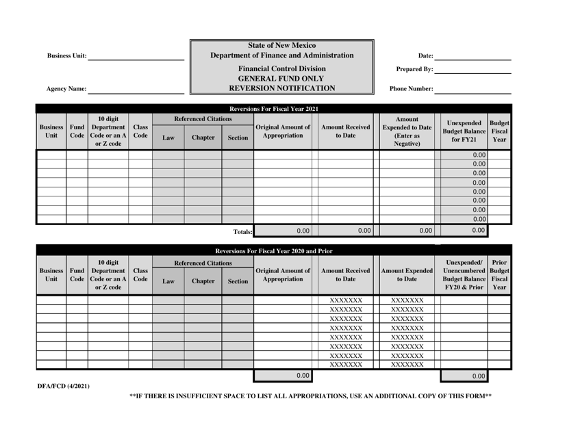 General Fund Reversion Form - New Mexico, 2021