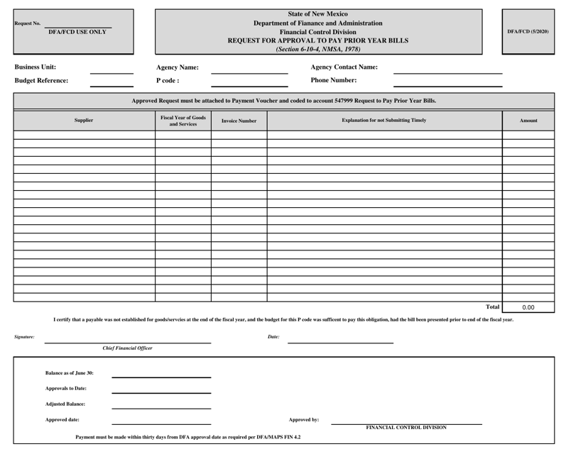 Request for Approval to Pay Prior Year Bills - New Mexico Download Pdf