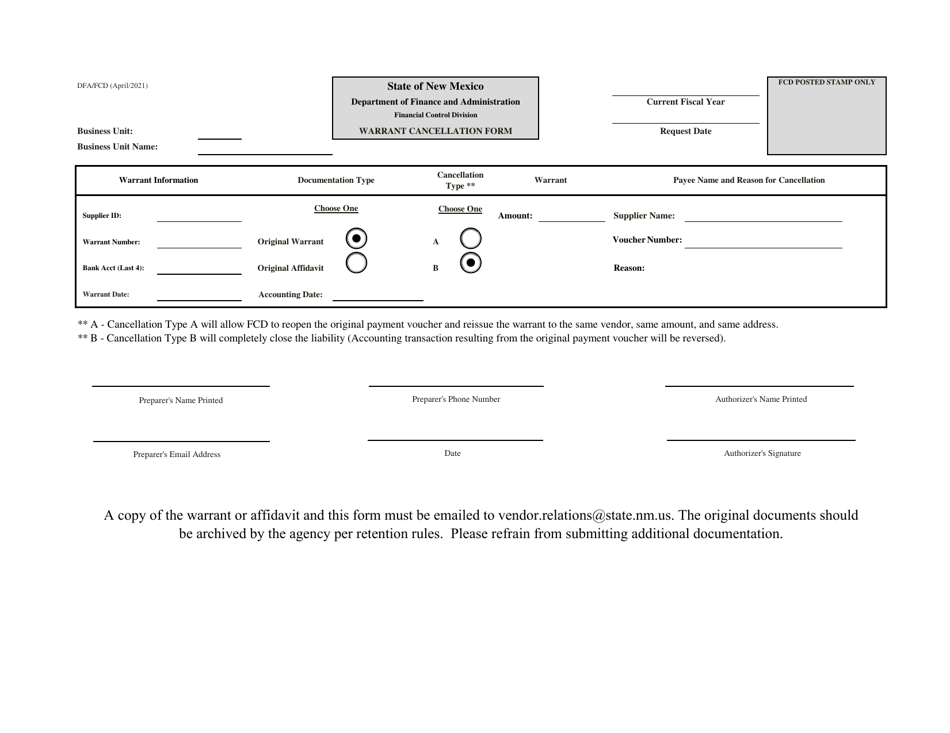 Warrant Cancellation Form - New Mexico, Page 1