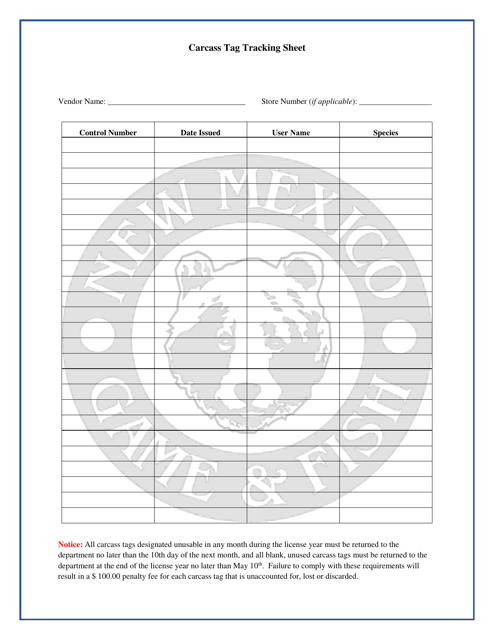 Carcass Tag Tracking Sheet - New Mexico Download Pdf