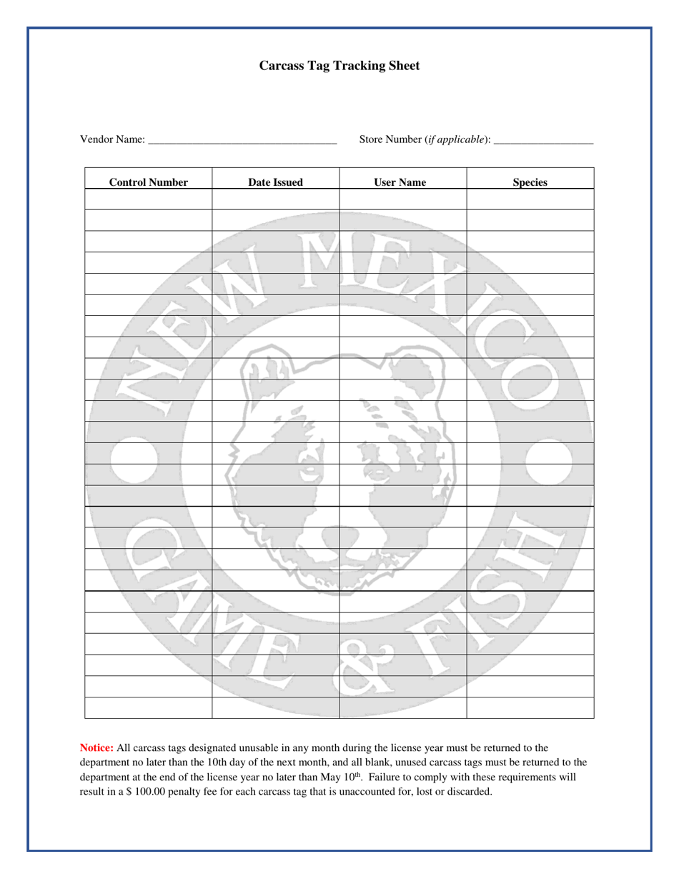 Carcass Tag Tracking Sheet - New Mexico, Page 1