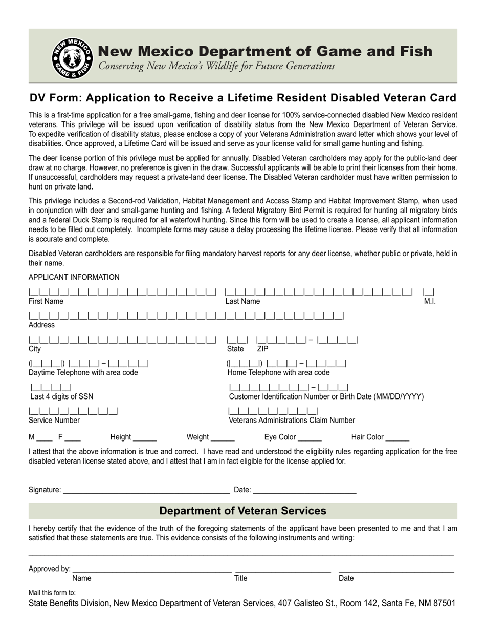 Application to Receive a Lifetime Resident Disabled Veteran Card - New Mexico, Page 1