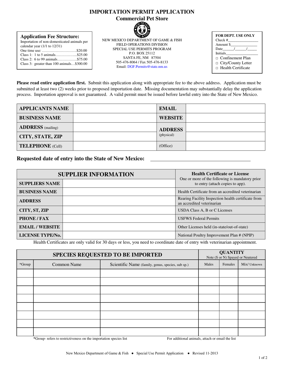 Commercial Pet Store Importation Permit Application - New Mexico, Page 1