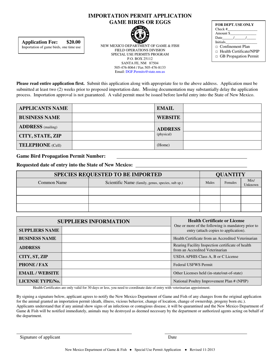 Game Birds or Eggs Importation Permit Application - New Mexico, Page 1