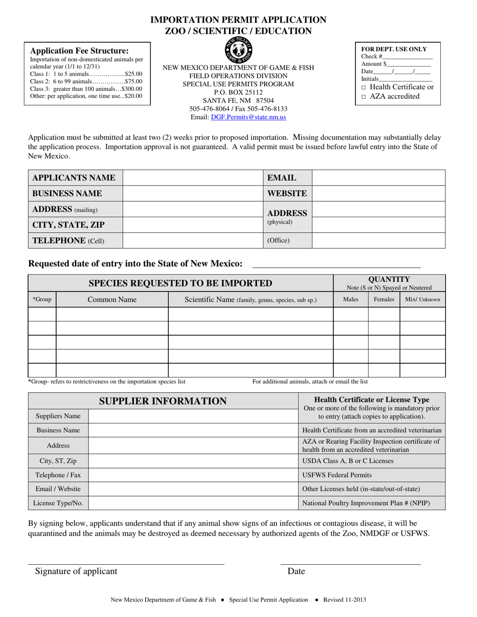 Zoo / Scientific / Education Importation Permit Application - New Mexico, Page 1