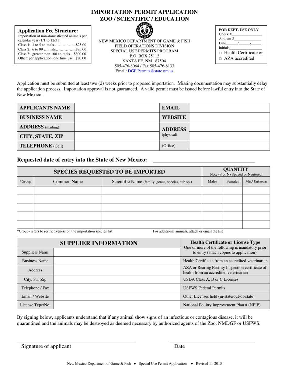 New Mexico Zoo/Scientific/Education Importation Permit Application ...