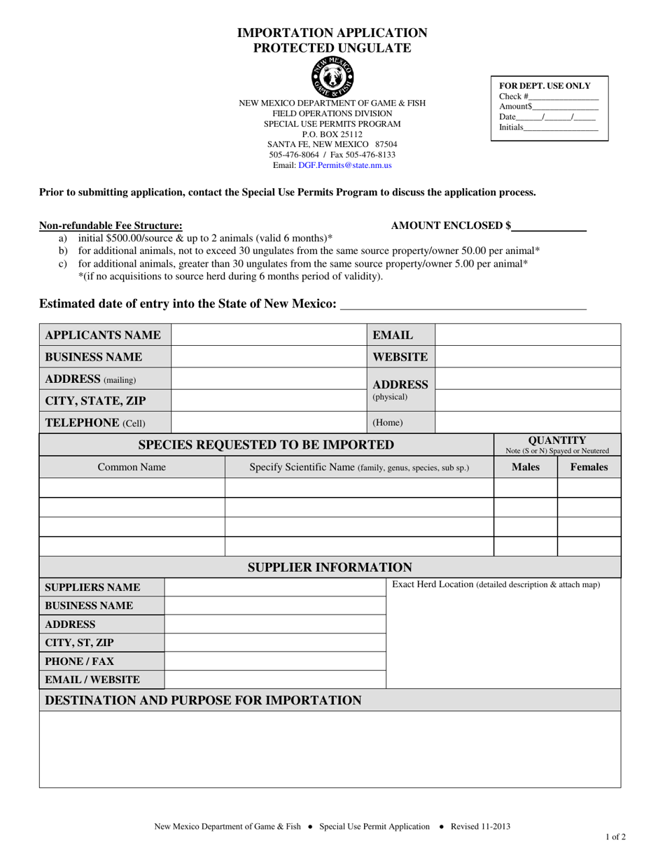 Protected Ungulate Importation Application - New Mexico, Page 1