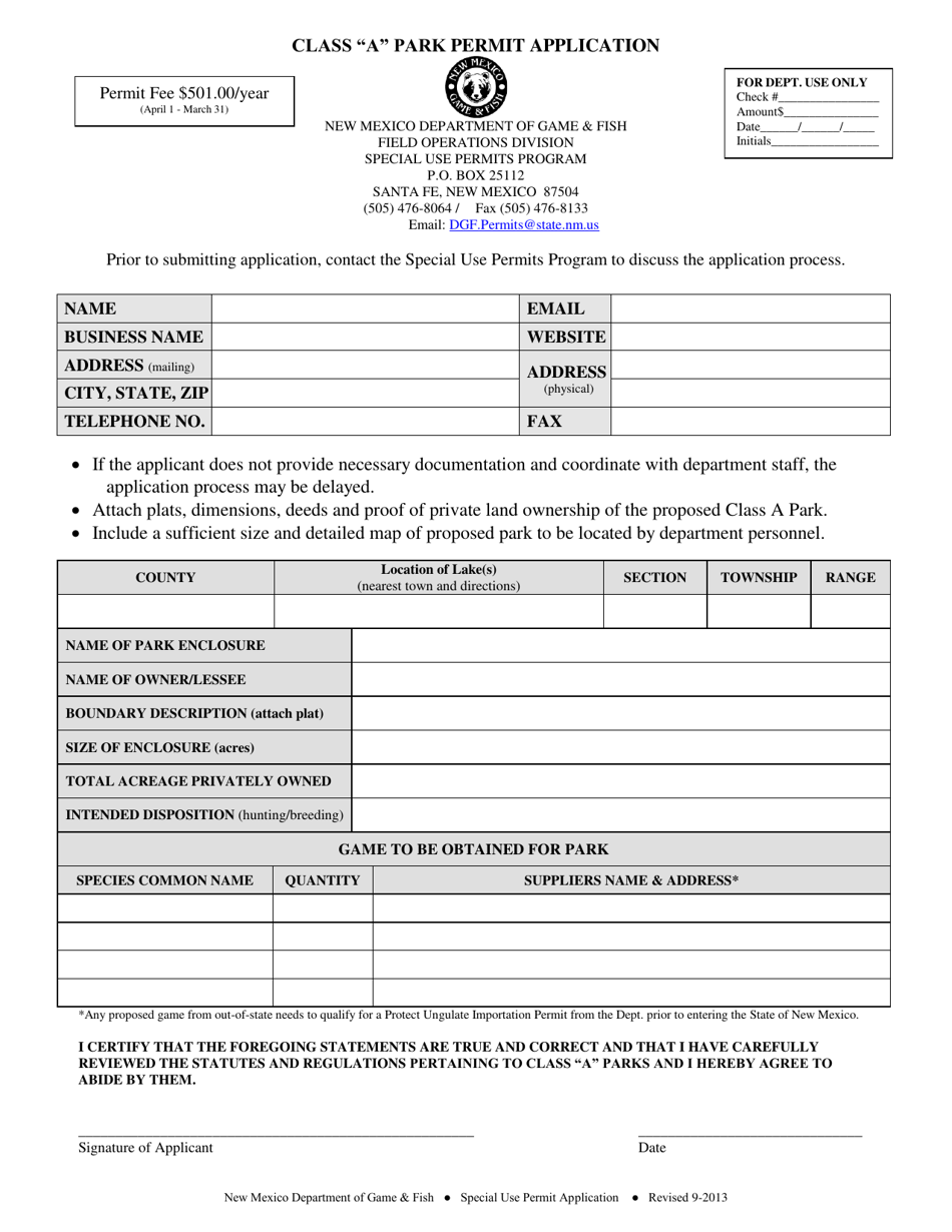 Class a Park Permit Application - New Mexico, Page 1