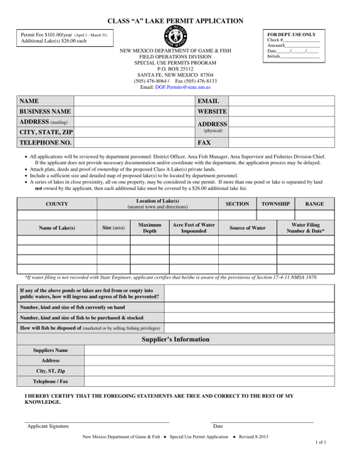 Class "a" Lake Permit Application - New Mexico Download Pdf