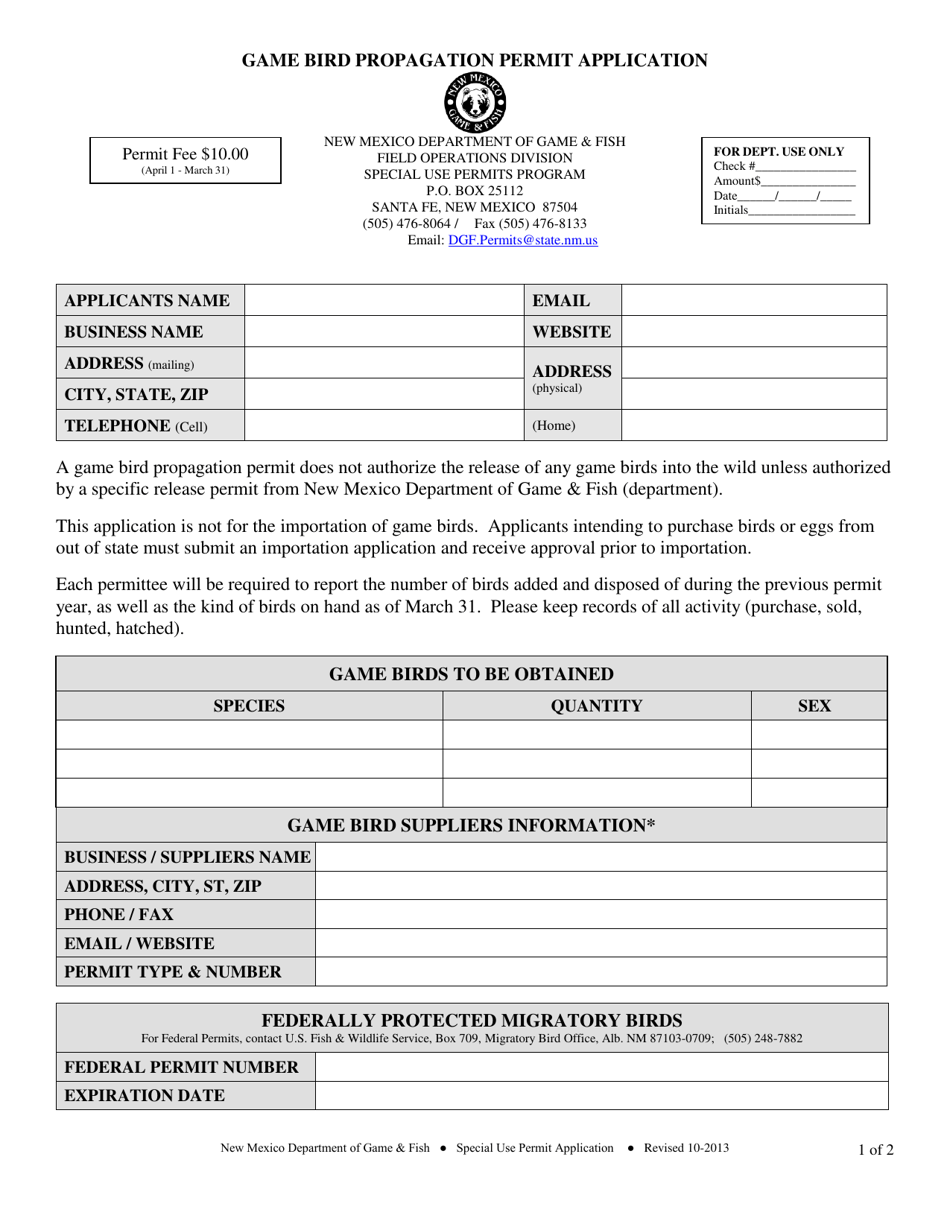 Game Bird Propagation Permit Application - New Mexico, Page 1