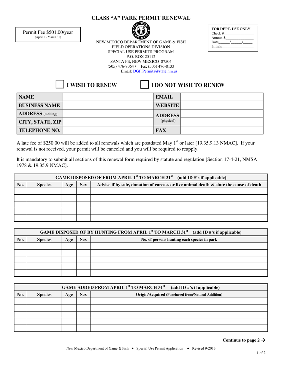 Class a Park Permit Renewal - New Mexico, Page 1