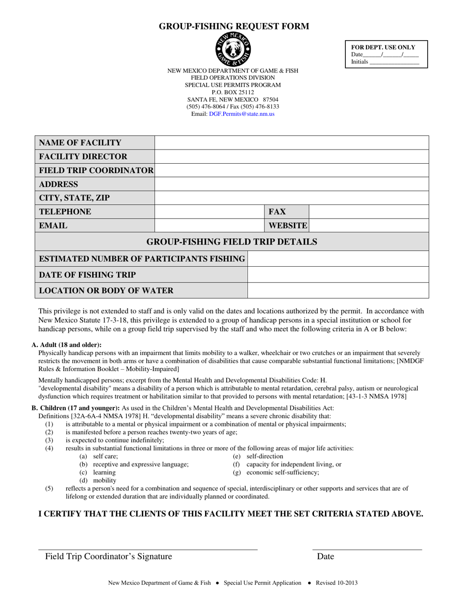 Group-Fishing Request Form - New Mexico, Page 1