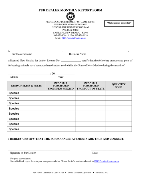 Fur Dealer Monthly Report Form - New Mexico Download Pdf