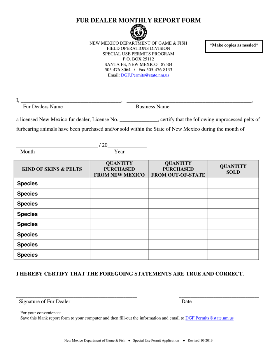 Fur Dealer Monthly Report Form - New Mexico, Page 1