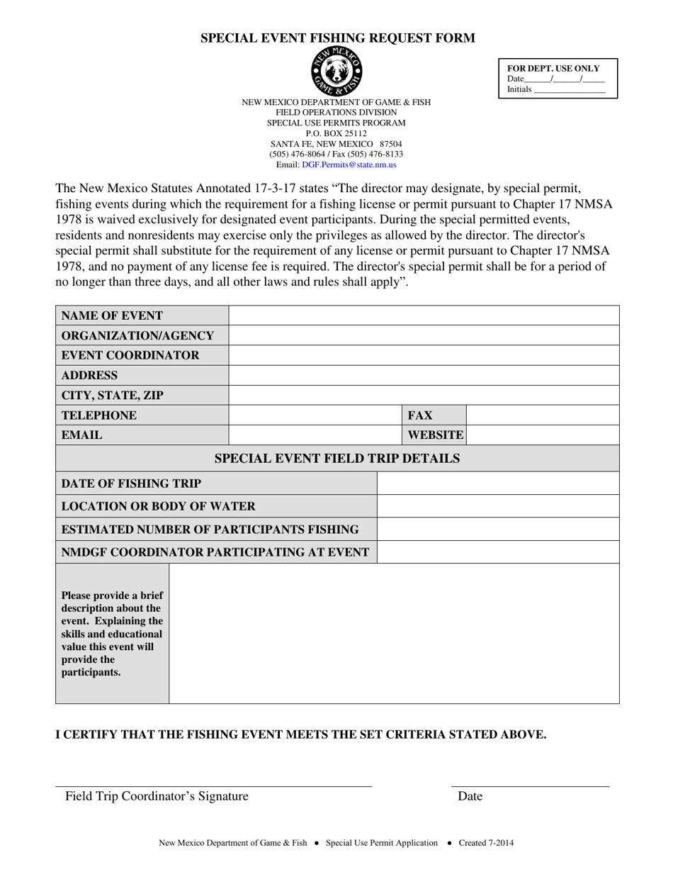 Special Event Fishing Request Form - New Mexico, Page 1