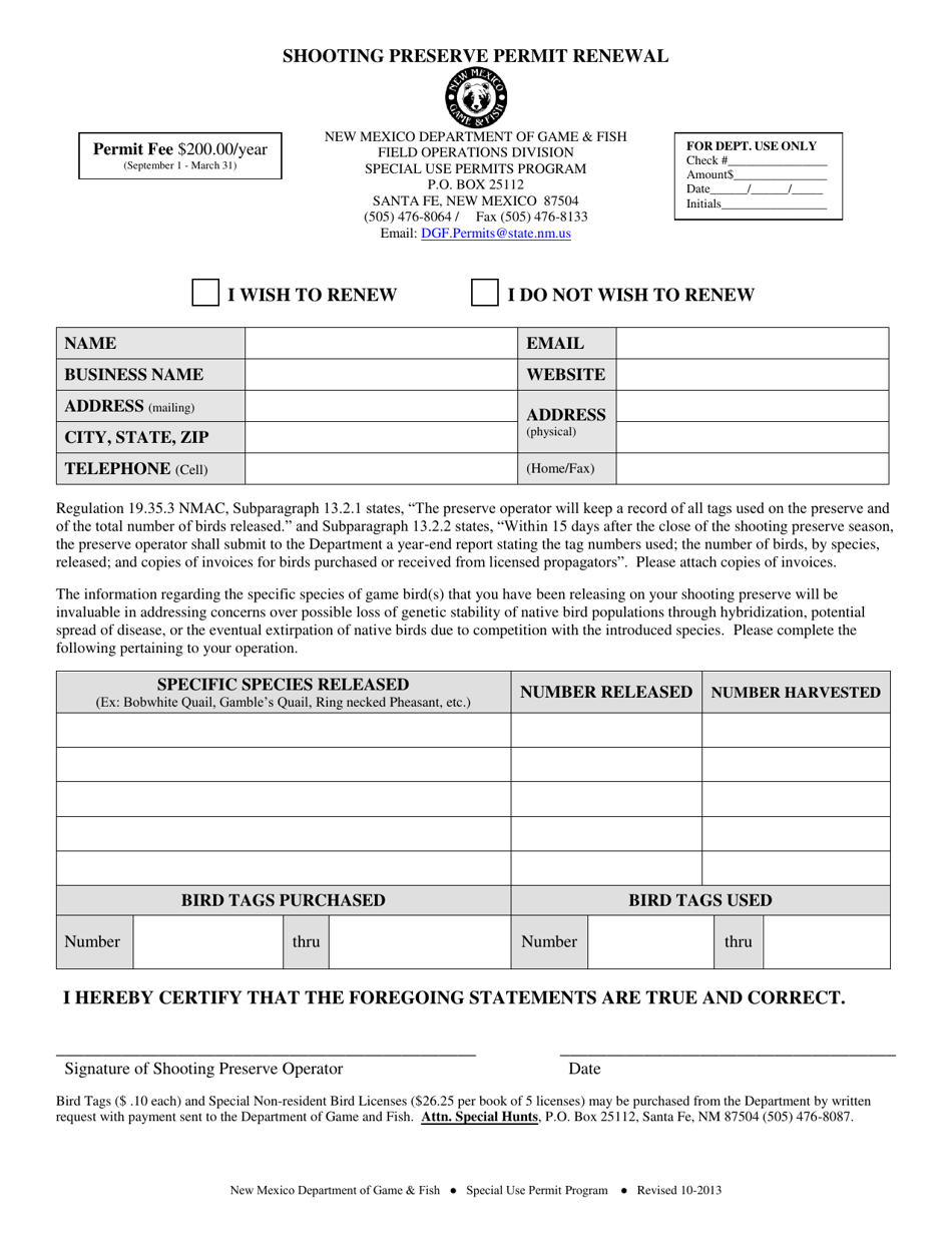 Shooting Preserve Permit Renewal - New Mexico, Page 1