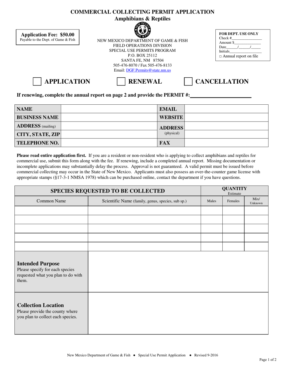 New Mexico Commercial Collecting Permit Application