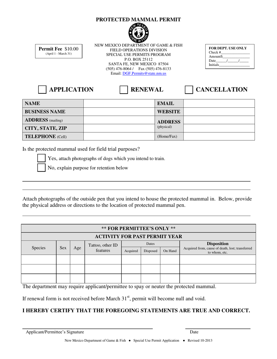 Protected Mammal Permit - New Mexico, Page 1