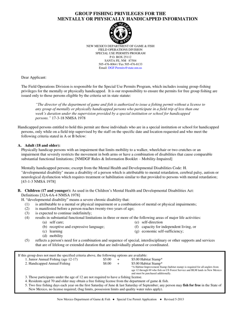 Group Fishing Privileges Application for the Mentally or Physically Handicapped - New Mexico Download Pdf