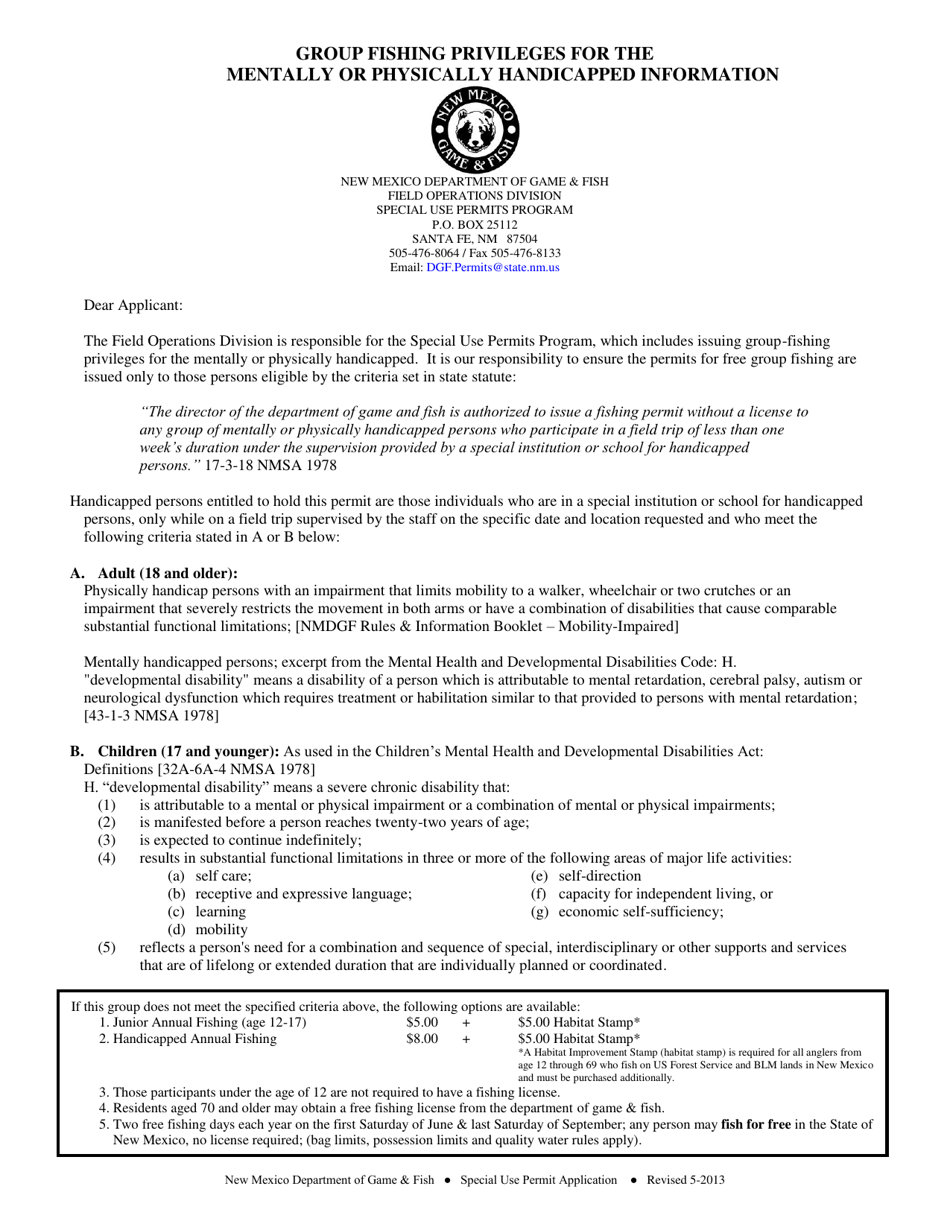 Group Fishing Privileges Application for the Mentally or Physically Handicapped - New Mexico, Page 1
