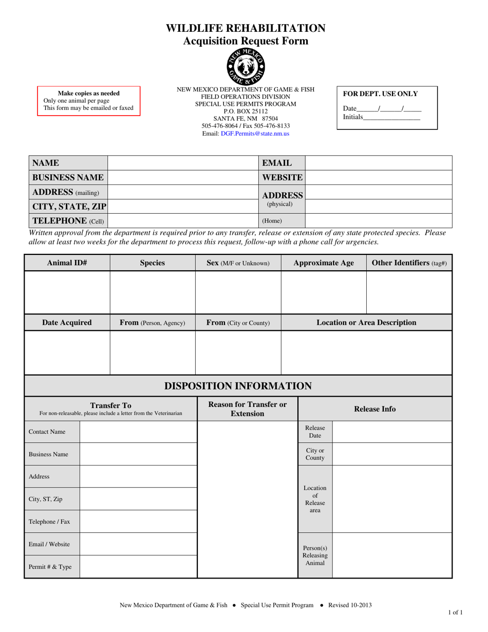 Wildlife Rehabilitation Acquisition Request Form - New Mexico, Page 1