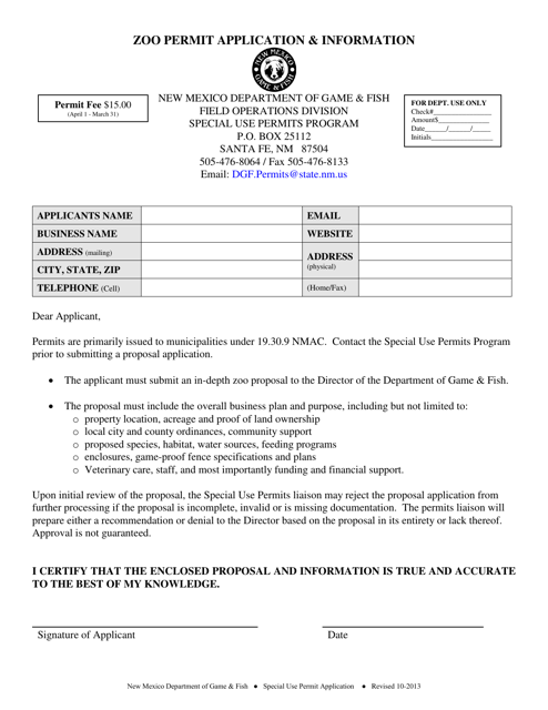 &quot;Zoo Permit Application &amp; Information&quot; - New Mexico Download Pdf