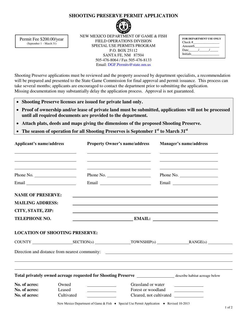Shooting Preserve Permit Application - New Mexico, Page 1
