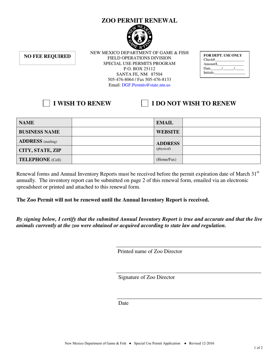 Zoo Permit Renewal - New Mexico, Page 1