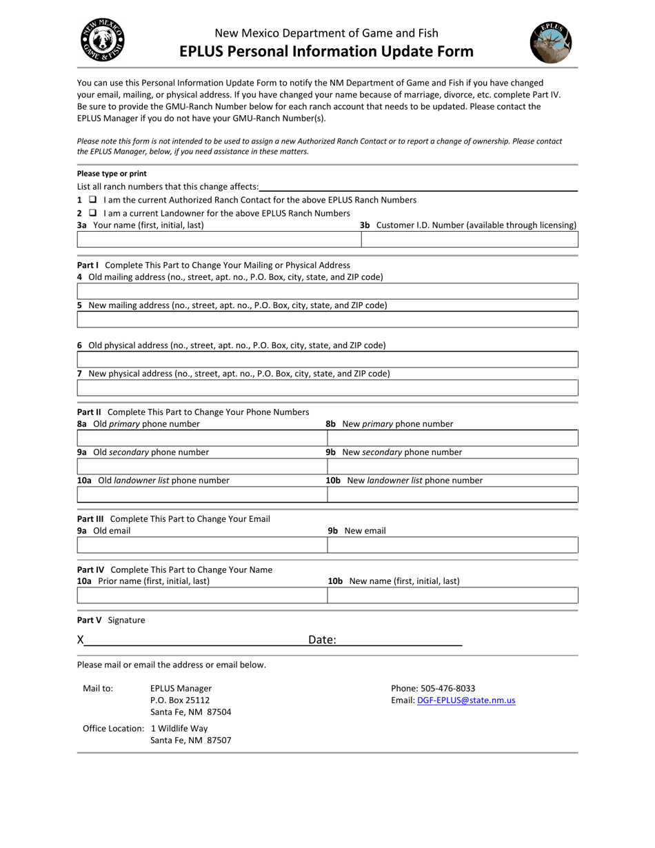 New Mexico Eplus Personal Information Update Form Download Printable