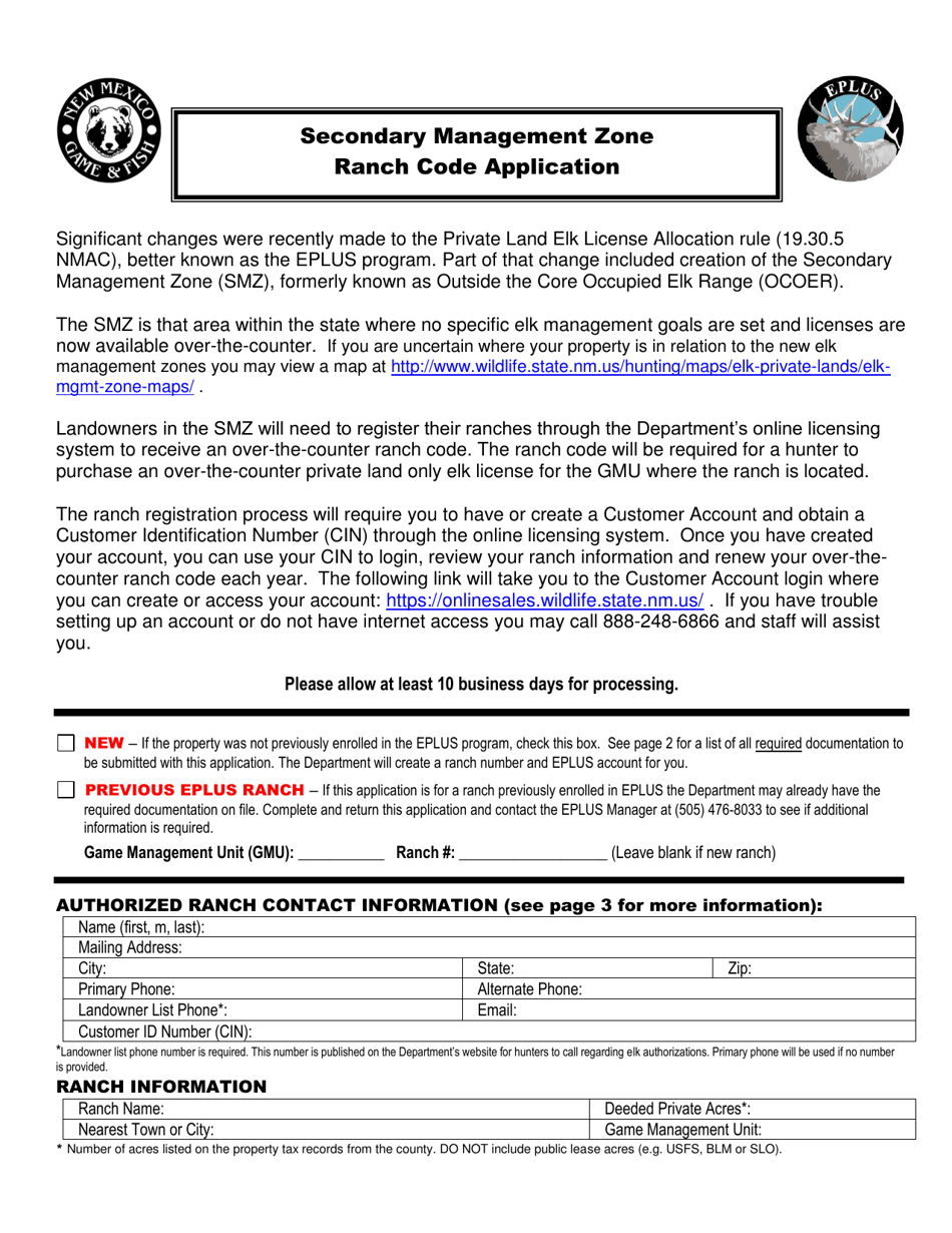 Secondary Management Zone Ranch Code Application - New Mexico, Page 1