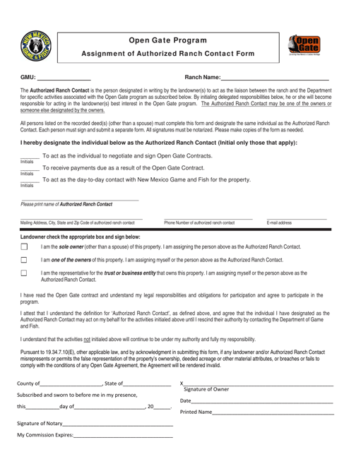 Assignment of Authorized Ranch Contact Form - Open Gate Program - New Mexico