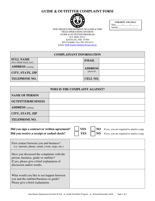 Guide & Outfitter Complaint Form - New Mexico Download Pdf