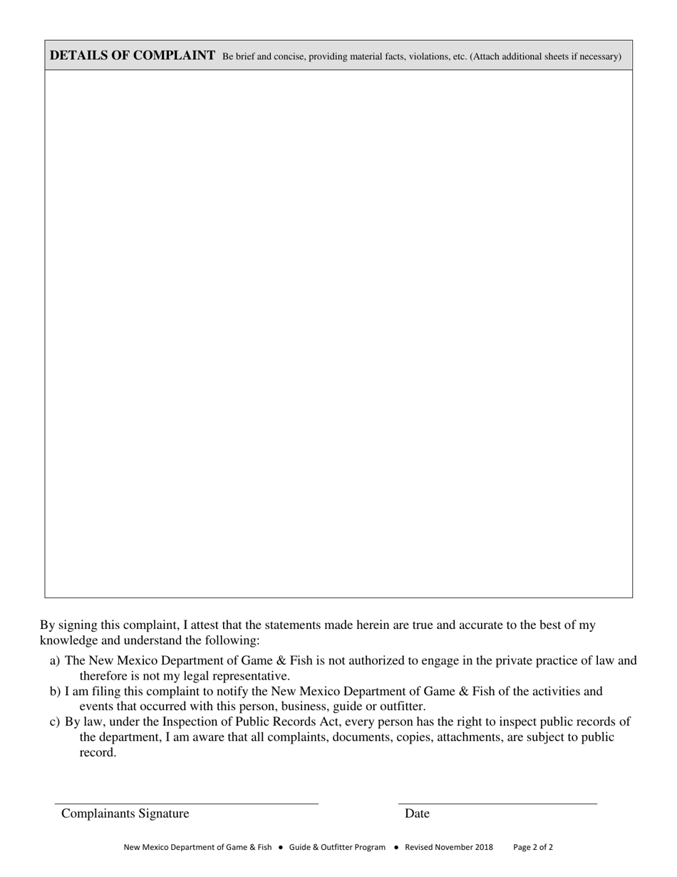 Guide  Outfitter Complaint Form - New Mexico, Page 2