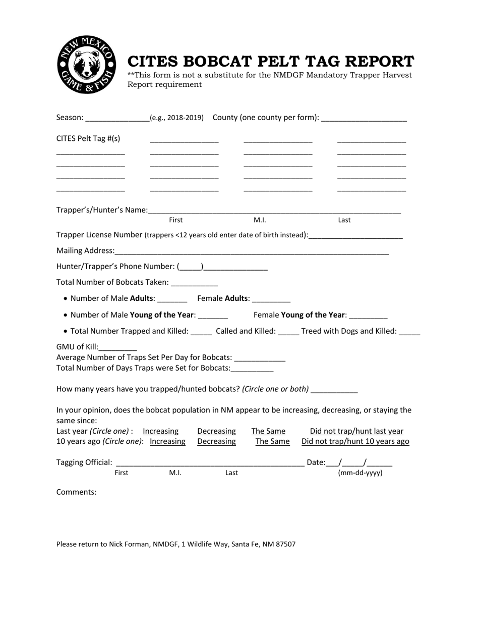New Mexico Cites Bobcat Pelt Tag Report Download Printable PDF