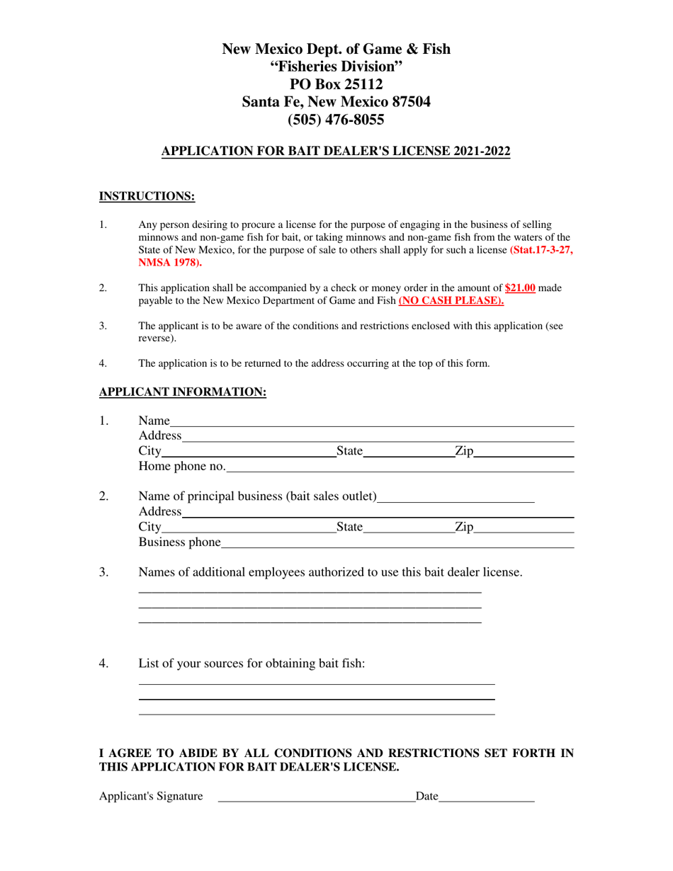 Application for Bait Dealers License - New Mexico, Page 1