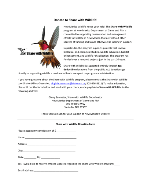 Share With Wildlife Donation Form - New Mexico Download Pdf