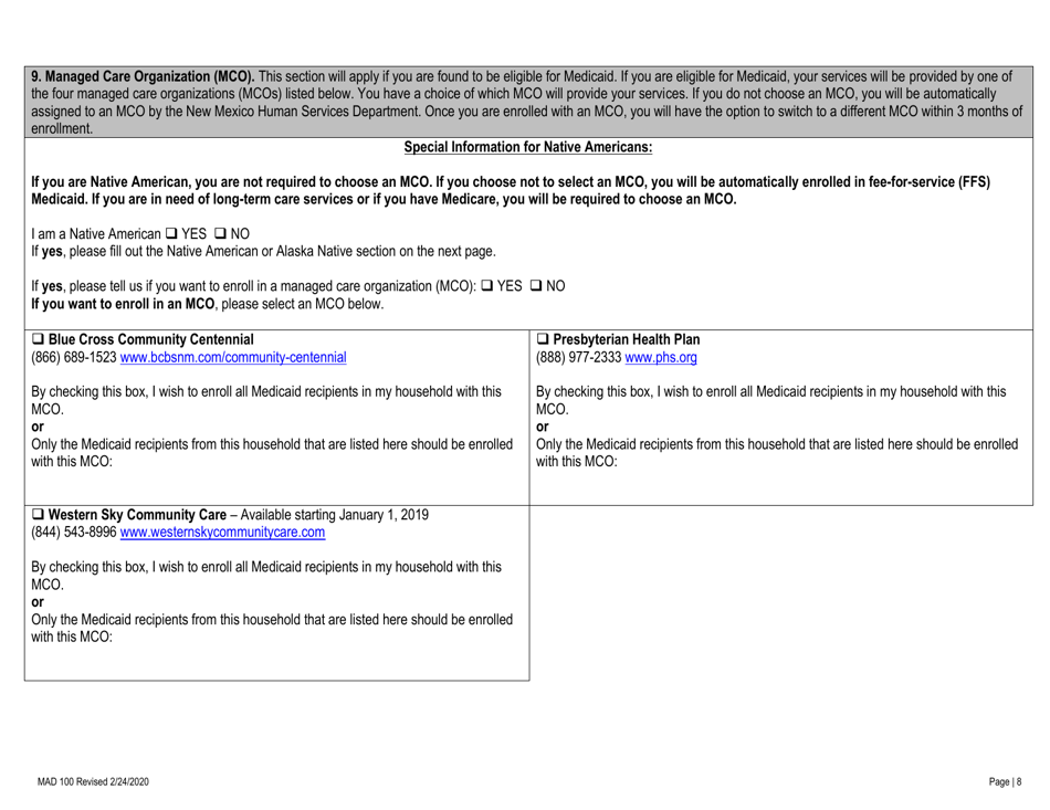 Form MAD100 Application for Medical Assistance - New Mexico, Page 8