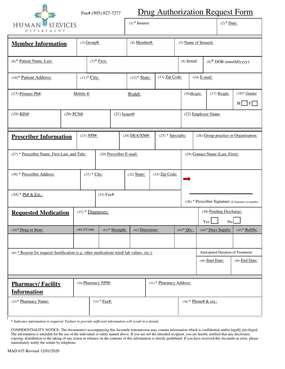 Form MAD635 Drug Authorization Request Form - New Mexico, Page 1