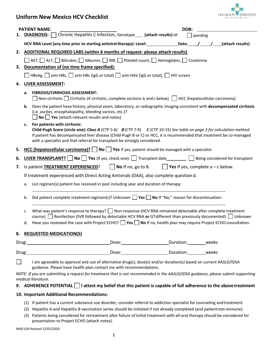Form MAD634 Uniform New Mexico Hcv Checklist - New Mexico, Page 1