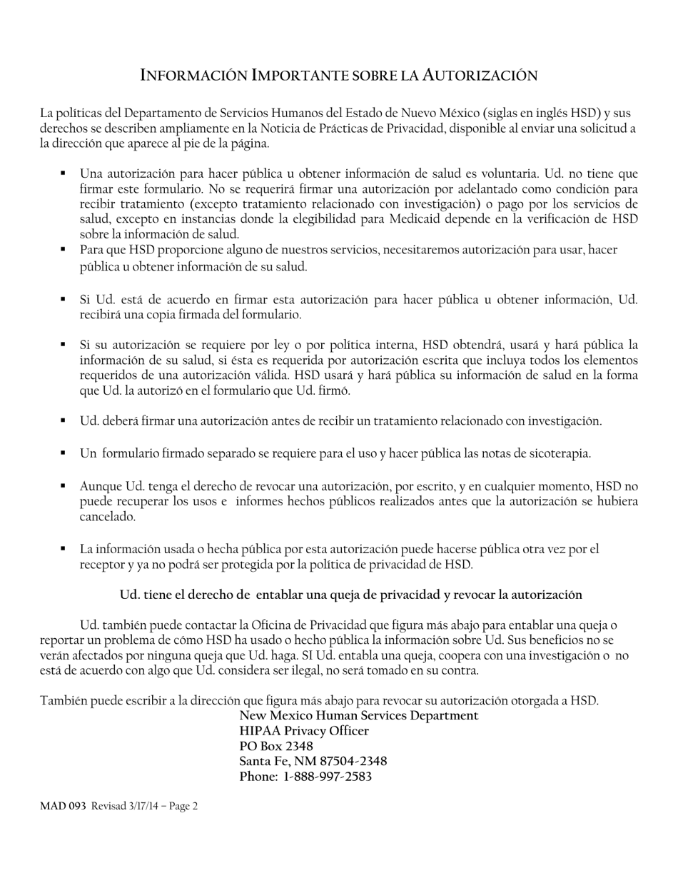 Formulario MAD093 Autorizacion Para Hacer Publica U Obtener Informacion Sobre La Salud - New Mexico (Spanish), Page 2