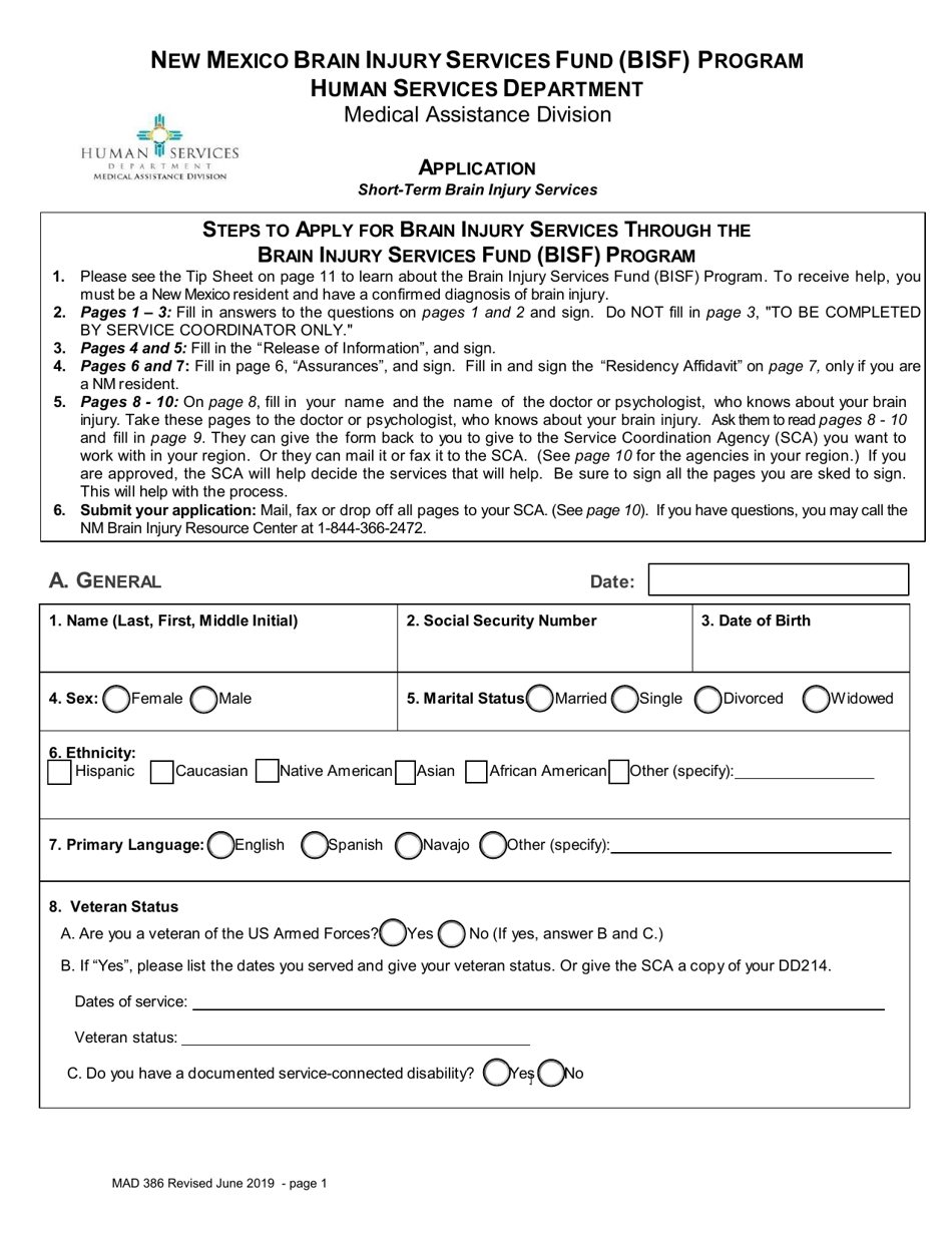 Form MAD386 Brain Injury Services Fund (Bisf) Program Application - New Mexico, Page 1