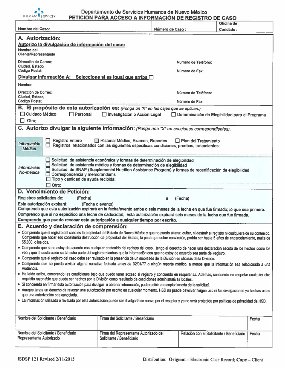 Form ISD121 Request for Access to Case Record Information - New Mexico (English / Spanish), Page 2